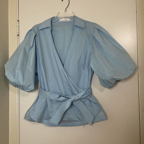 NWOT JONATHAN SIMKHAI Waverly Cotton Poplin Wrap Blouse Blue size medium - Picture 4 of 8